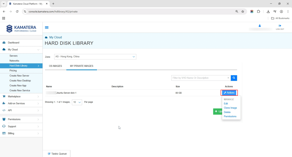How to create a clone disk image on the Kamatera library