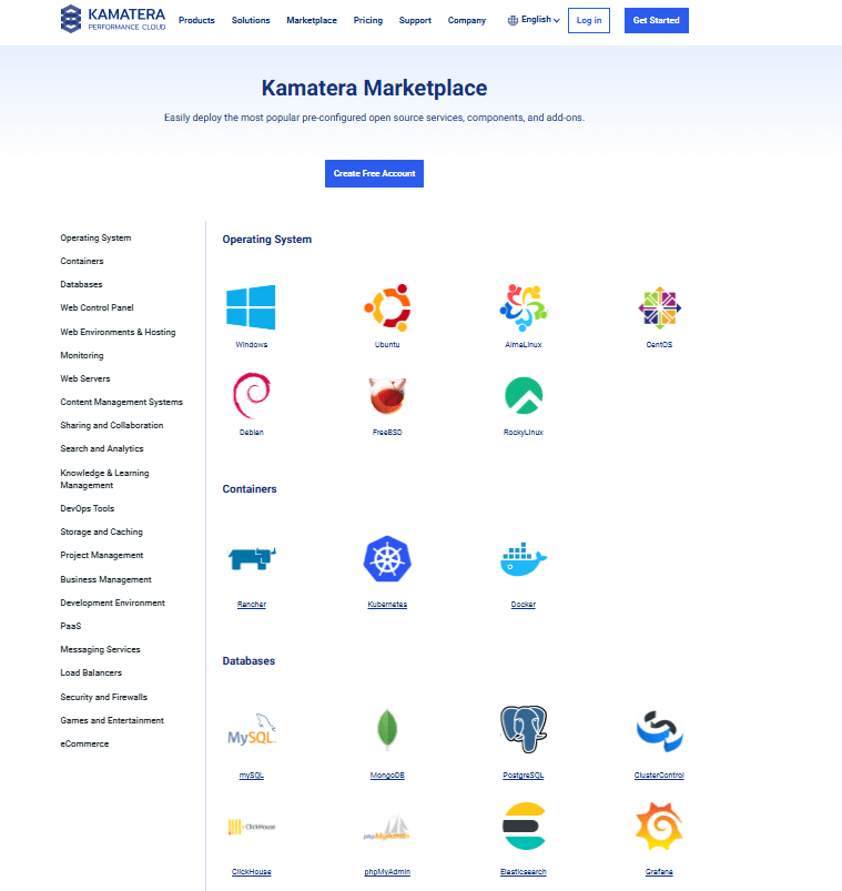 Screenshot of Kamatera marketplace