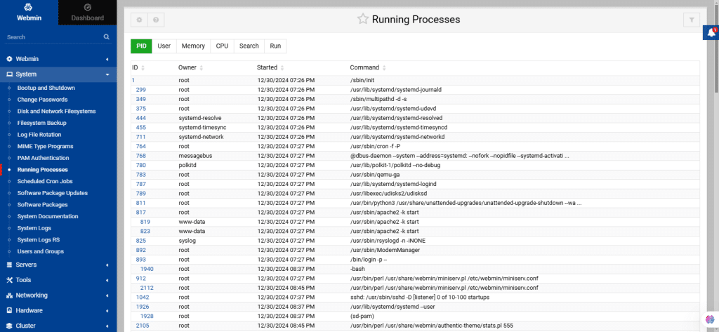 Webmin server management