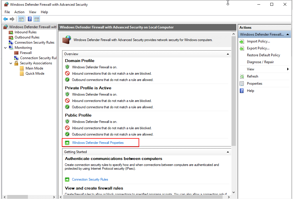 Windows Defender Firewall screenshot