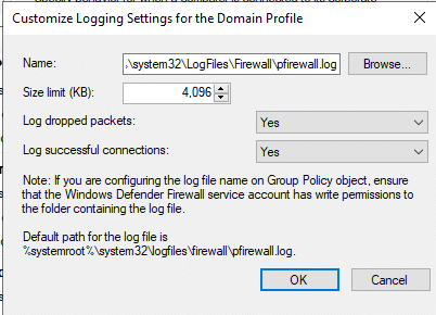 Customize Logging Settings for the Domain Profile screenshot