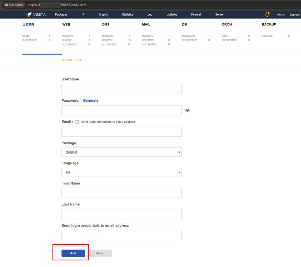 Vesta Control Panel screenshot